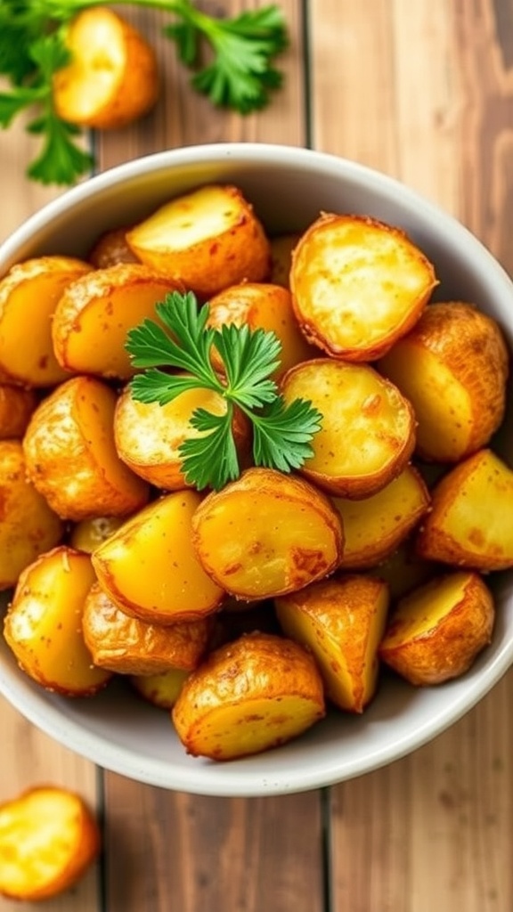 Crispy Air Fryer Roasted Potatoes Recipe Crispy roasted potatoes in a bowl, garnished with parsley, on a rustic wooden table.